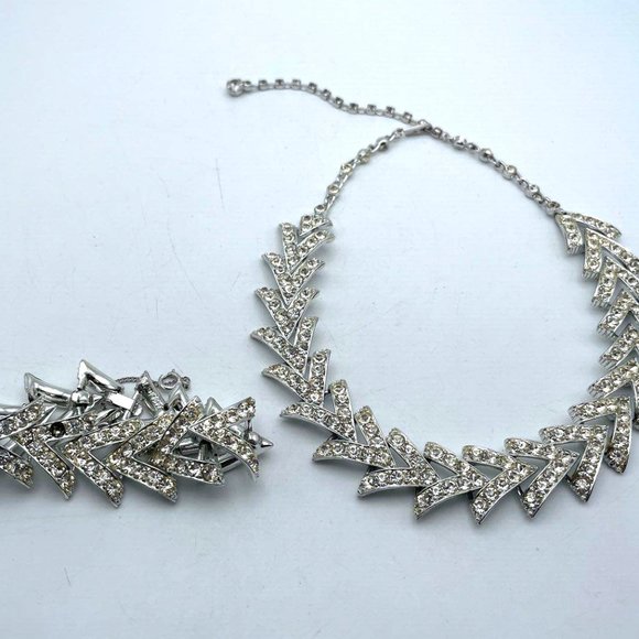 Vintage Sarah Coventry Women Silver Tone & Rhinestones Chevron Necklace Bracelet - Picture 1 of 6